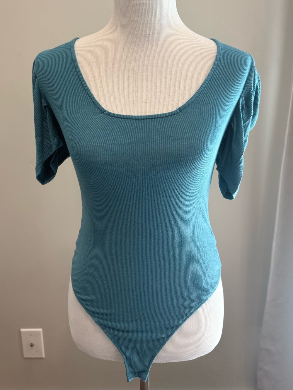 Free People Intimately Ribbed Puff Sleeve Thong Bodysuit Teal Blue Size Small